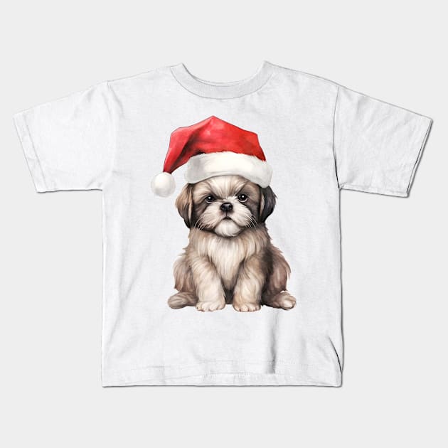 Shih Tzu Dog in Santa Hat Kids T-Shirt by Chromatic Fusion Studio